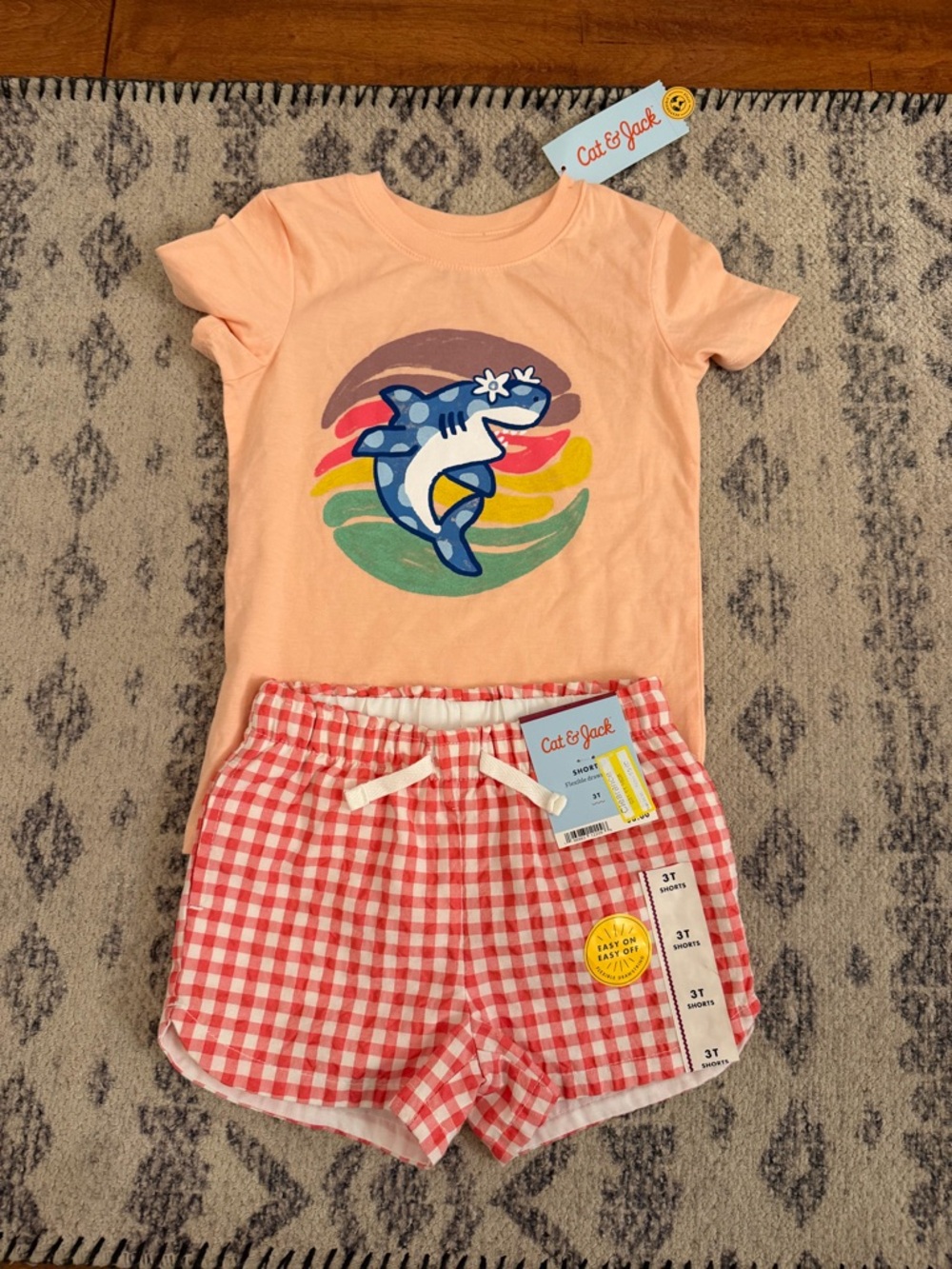 Cat & Jack Girls Summer Outfit Peach Graphic Shark Tee with Red Gingham Shorts